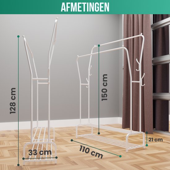 Avalo Industrieller Kleiderständer Doppelstab - Metall - 110x33x150 CM - Weiß - Aufbewahrung für Schuhe - Garderobenständer mit Haken