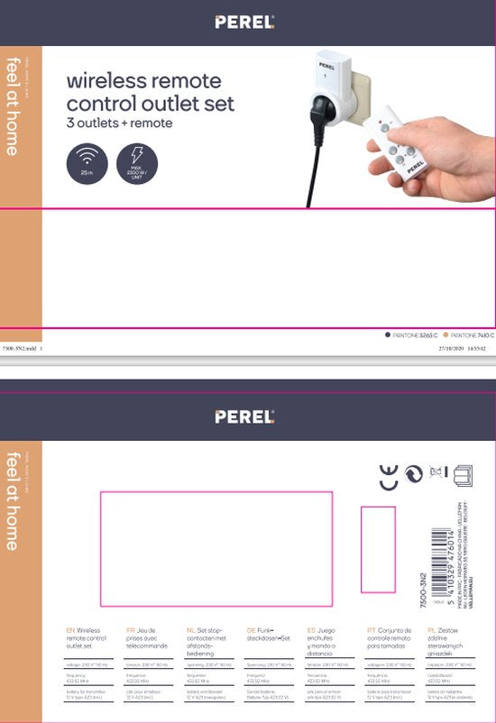 Perel Steckdosen, mit Fernbedienung, 3er-Set, kabellos, Reichweite bis 25 m, 10 A, 2300 W, weiß