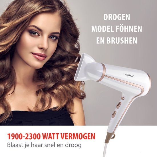 alpina Föhn 1600–2000 W – Haartrockner mit 3 Heizstufen – Haartrockner mit Cool-Shot-Funktion – Haartrockner inkl. zusätzlichem Aufsatz und Aufhängeschlaufe – Weiß/Rosé