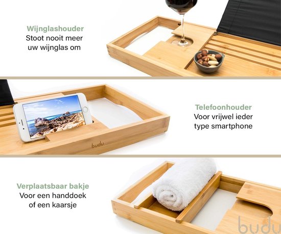 Budu Badebrett Bambus - Badebrett Holz - Badebrett für die Badewanne - Verstellbar / Ausziehbar - Badeständer - Bambus Badeständer - 70-105 cm