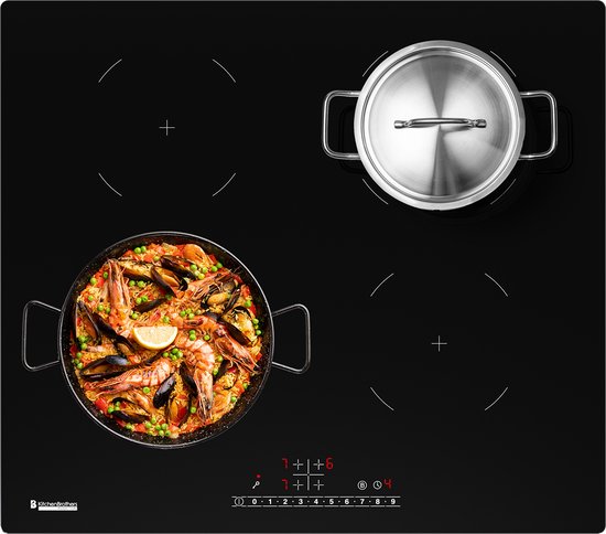 KitchenBrothers Induktionskochfeld - Einbau-Induktionskochfeld - 60 cm - 4 Zonen - 1 und 2 Phasen - bis zu 2400W - Schwarz