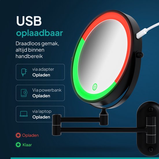 Mirlux Make-up-Spiegel mit Led-Beleuchtung - wiederaufladbar - 5-fache Vergrößerung - Vergrößerungsspiegel mit Licht - Rasierspiegel - Badezimmerspiegel - Schwarz