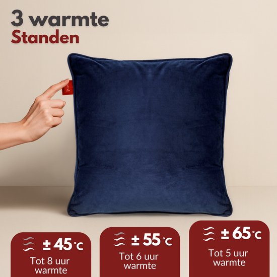 Coozie Wiederaufladbares Wärmekissen - Kabellos & verkabelt - 45-65°C - Samt - 45 x 45 cm - Elektrisches Kissen - Inkl. Powerbank - Bis zu 8 Stunden Wärme - Dunkelblau