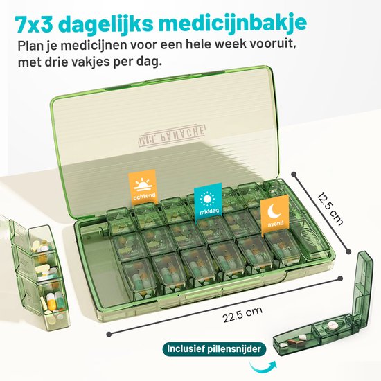 MR. PANACHE Pillenbox für 7 Tage mit 3 Fächern - Medikamentenbox - Pillenboxen - Pillenschneider - Medikamentenbox 7 Tage - Pillenbox - Medikamentenbox 7 Tage - Starkes Schloss - Medikamentenbox mit Tagesanzeige