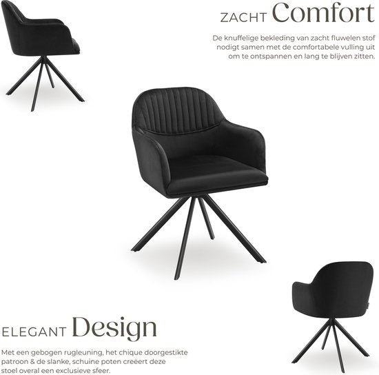 tectake® Velvet swivel chair - Bürostuhl - Esszimmerstuhl mit Armlehnen - Velvet office chair, kitchen chair, living room chair - 56 x 59 x 81 cm - Schwarz/Schwarz
