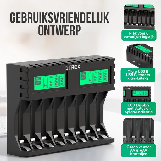 Strex Batterieladegerät - 8x AA/AAA-Batterien - USB aufladbar - LCD-Display - Für wiederaufladbare Batterien - Schwarz