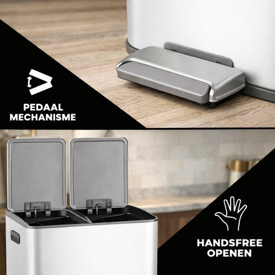 Bayt Mülleimer - Mülleimer 60 Liter (2x30) - Mülleimer 60 Liter - Treteimer 60 Liter - Mülleimer Mülltrennung - Mülleimer 2 Fächer - Mülleimer - Edelstahl - Weiß