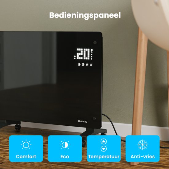 Auronic Elektroheizung - Mit Thermostat und Fernbedienung - Glasheizkörper - 1500W Heizleistung - Für Räume bis zu 20 m²- Schwarz