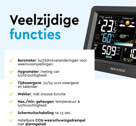 BRASQ Kabellose Wetterstation für Innen und Außen mit CO2-Messer - Hygrometer - Mit Außensensor bis zu 60 Meter - Luftfeuchtigkeitsmesser - Thermometer - Barometer - inklusive Batterien