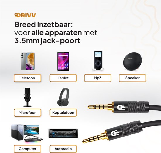 Drivv. AUX-Kabel 3,5 mm - Klinke auf Klinke - 4-poliges Audiokabel - vergoldet - Stecker auf Stecker - PVC - Schwarz - 2 Meter