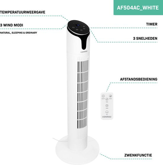 VONROC Luxury Fan - Turmventilator - Höhe 86 cm - Inkl. Fernbedienung - 3 Geschwindigkeiten - Schwenkfunktion - 15-Stunden-Timer - weiß