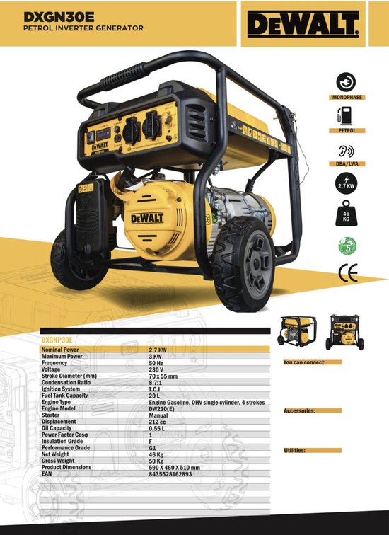 DeWALT DXGNP30E BENZIN GENERATOR 230V 3000W