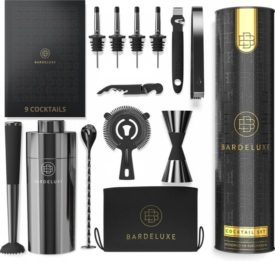 BarDeluxe® Cocktail Set - 12-teilig - Cocktail Shaker 750 ml - Edelstahl - Inklusive luxuriöser Geschenkbox - Aufbewahrungstasche & Rezeptbuch - Schwarz