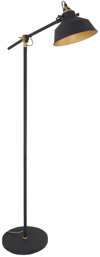 Schwarze Stehlampe Nove 1322ZW - Dreh- und schwenkbare Industrielampe mit goldenen Details, E27-Fassung, Metall und Kunststoff - Mexlite