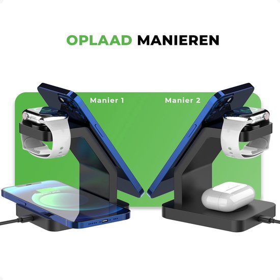 iSETCHI - Kabelloses Qi & Magsafe Ladegerät 3-in-1 - 15 Watt - Schwarzer Kunststoff - Inklusive QC 3.0 Adapter - Für iPhone, Apple Watch & Airpods - Organisierter Arbeitsplatz