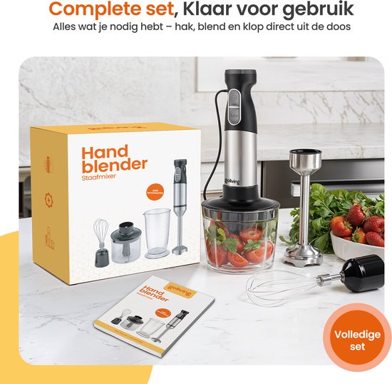 Goliving Stabmixer-Set 5-in-1 - Zerkleinerer - Messbecher - Schneebesen - 1000W - spülmaschinenfestes Zubehör - Edelstahl - Schwarz