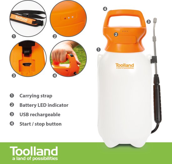 Toolland Drucksprüher, elektrisch, Akku, Teleskoplanze, verstellbarer Sprühkopf, Schultergurt, 8 Liter, weiß/orange/schwarz