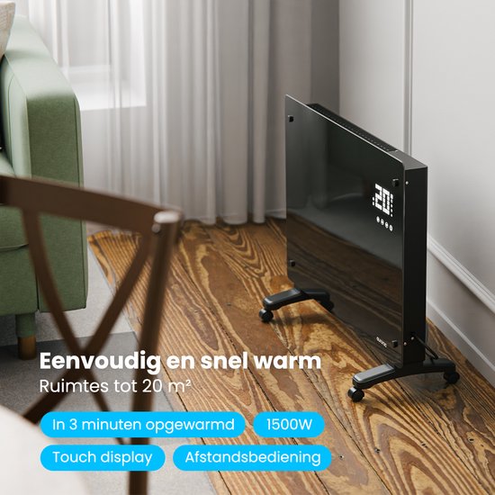 Auronic Elektroheizung - Mit Thermostat und Fernbedienung - Glasheizkörper - 1500W Heizleistung - Für Räume bis zu 20 m²- Schwarz
