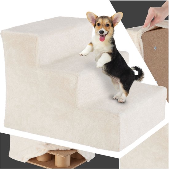 tectake Hundetreppe oder Katzentreppe, Haustiertreppe, Einstiegshilfe mit waschbarem Bezug, extra flache Stufen, Haustiertreppe für Sofa, Bett oder Auto (beige, 37 x 45 x 34,5 cm, 3)