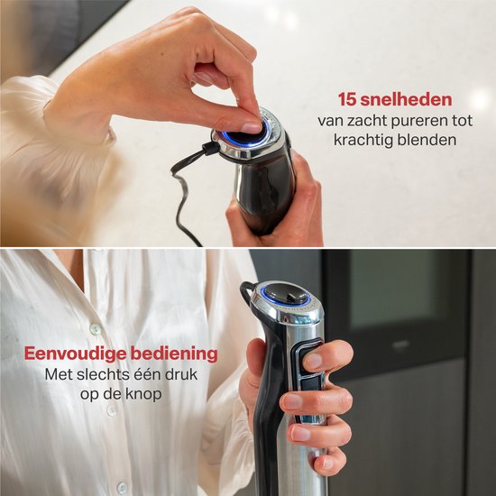 AoraKitchen Stabmixer-Set - 6 Teile - 1000W - Turbo - Milchaufschäumer - Zerkleinerer - Messbecher - Schneebesen