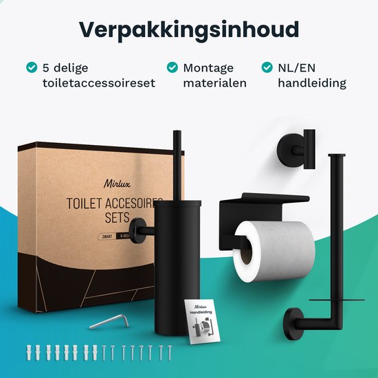 Mirlux Bad-Accessoires Set - Toilettenbürste mit Halter - Toilettenpapierhalter - Toilettenpapierhalter ohne Bohren - Handtuchhaken Selbstklebend - Ersatzpapierhalter - Toilettenbürstenhalter - Schwarz