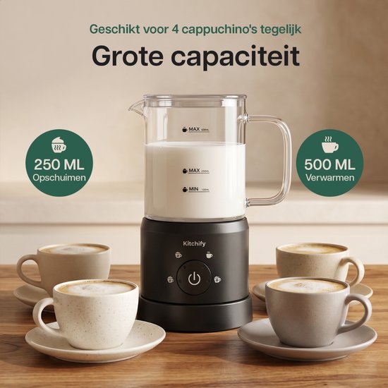 Kitchify Milchschaumer aus Glas – Elektrischer Milchschaumer – Mit Ausgießer – 4-in-1 – Milk Frother – Schwarz