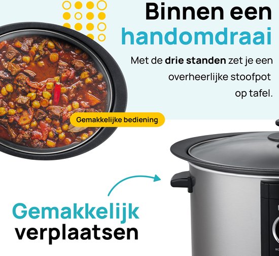 MOA Slowcooker mit Timer - 6,5L - Ø 24,5cm - Aluminium Innenbehälter - Transparenter Deckel - 3 Heizstufen - Spülmaschinenfest - BPA-frei - Edelstahl