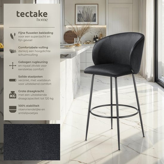 tectake® - 2er Set Barhocker Luana - Gepolsterter Barhocker mit Rückenlehne - Barhocker mit Fußstütze - Esszimmerstuhl mit Samtpolsterung - Stabile Stahlbeine mit rutschfestem Bodenschutz - Schwarz/schwarz