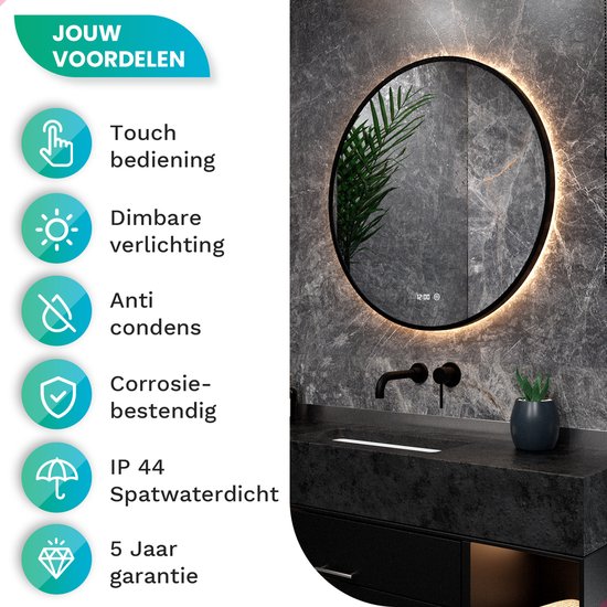 Mirlux Badezimmerspiegel mit LED-Beleuchtung & Heizung - Wandspiegel rund - Anti-Kondensations-Duschspiegel - Mattschwarz - 100CM