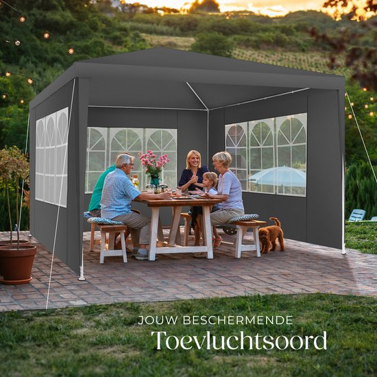 tectake - Pavillon Barinas - Partyzelt 3x3 m - Wasserdichte Plane mit 3 abnehmbaren Seitenwänden - Wetterfester Gartenpavillon - Inklusive Spannleinen und Heringe - Grau