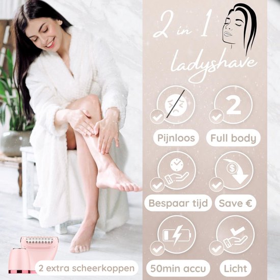 2-in-1 Ladyshave + 2 Extra-Scherköpfe - Gesicht - Achseln - Beine - Bikinizone - Rasierer Frau - Elektrischer Epilierer - Haarentferner Damen - Trimmer Frau - Intimzone Schamhaare - Ladyshaves Bikini
