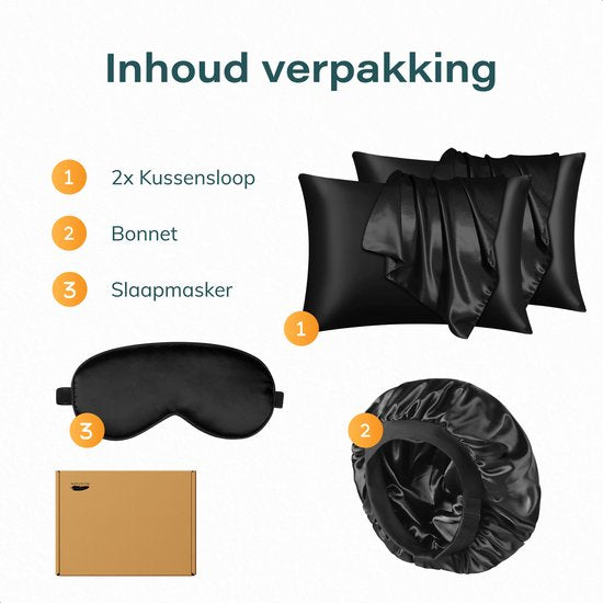 Satin Kopfkissenbezug - 50x70 - Inkl. Haube und Schlafmaske - Schwarz - Satin - Seide - Schönheit - Seide - Weich - Satin - Nussbaumseide