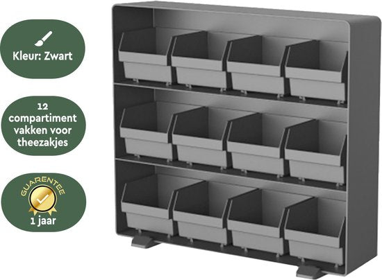 BRASQ Tea Organizer Black TB200 - Teebox 12 Fächer - Küchenorganizer - Teebox - Teebeutelhalter - Platzsparendes Aufbewahrungssystem
