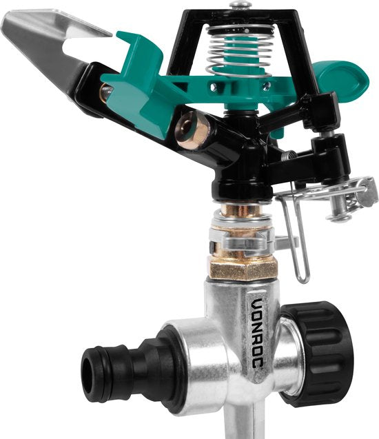VONROC Metallsektorenregner - Kreisregner - pulsierend - Radiusbereich 12m - Max. 450m2 - Einstellbarer Sektor von 20° bis 360°