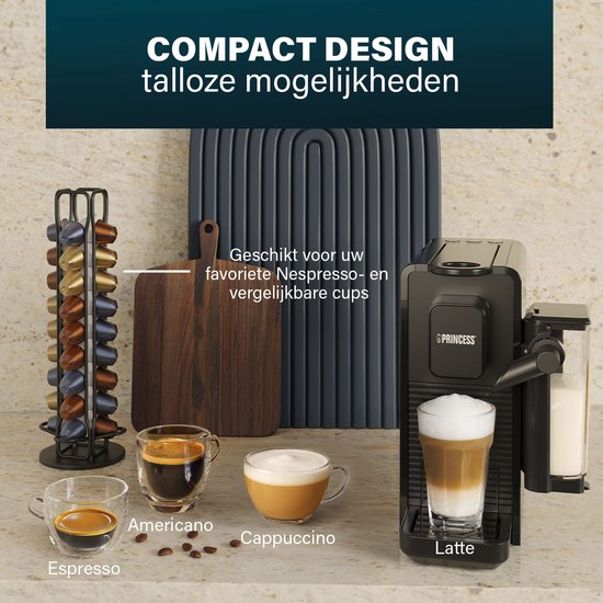 Princess Kapsel-Kaffeemaschine mit Milchaufschäumer - 249455 - Geeignet für Nespresso - 20 Bar - Espresso, Cappuccino & Latte - Kompakt - Automatisches Milchsystem - 1400 W