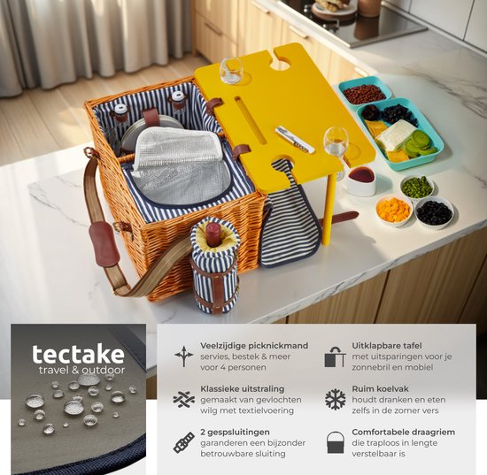 tectake® komplettes Picknickkorb-Set Texel - Luxuriöses 24-teiliges Picknick-Set für 2 Personen - Weiden-Picknickkorb mit Picknick-Teppich - Inklusive Kühlbox, Tellerset, Kunststoff-Weingläsern und Edelstahl-Besteck
