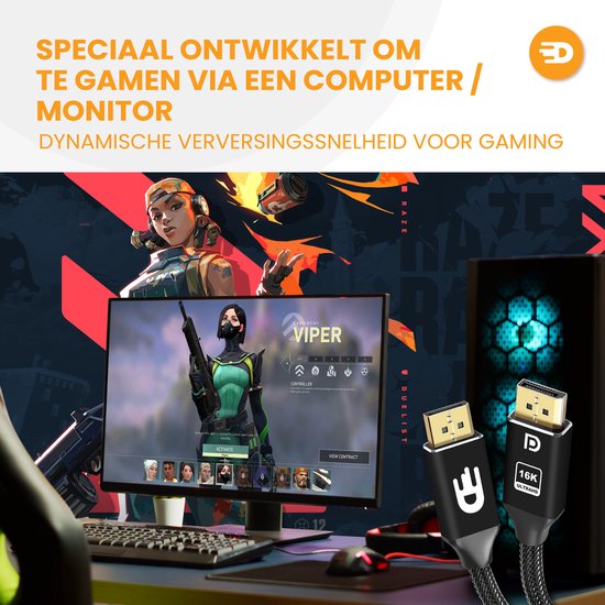 Drivv. DisplayPort-Kabel 2.1 - 16K 60Hz 8K 120Hz 4K 144Hz - 80Gbps - DisplayPort zu DisplayPort - DP-Kabel - 2 Meter - Schwarz