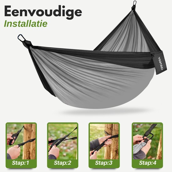 Vertrex Hammock Pro Hängematte mit Gurt und Karabiner für Hängematten - 270 x 140 cm - Max 200 kg - Grau/Schwarz