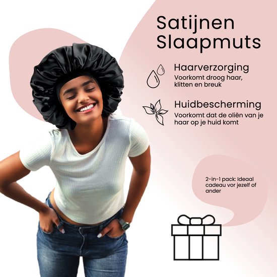 Beyeza Luxe Bonnet XL – Schlafmütze aus Satin – Haarpflege – Haarnetze – Elastisch – Satin – 2 Stück