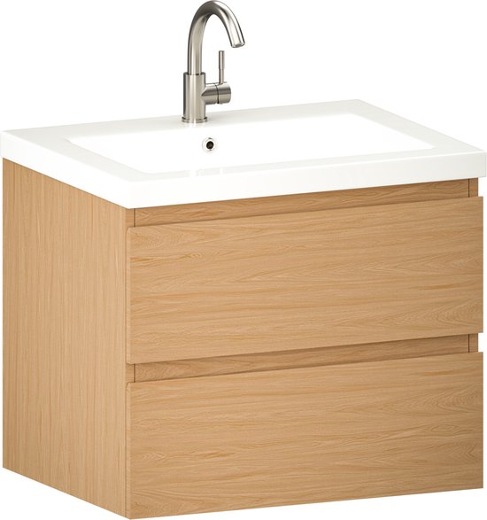 Mirlux Badmöbel Eiche hell 60 cm - Waschtisch Weiß - Badmöbel-Set - Waschtisch-Möbel Eiche hell