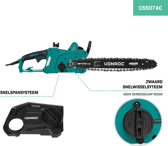 VONROC Elektro-Kettensäge 2000W - Schwertlänge: 40 cm - Kettengeschwindigkeit: 15 m/s - Selbstschmierende Kette