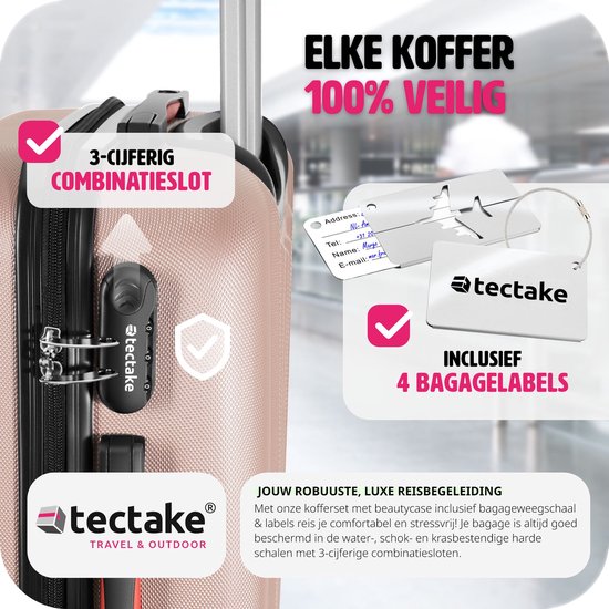tectake - 4-teiliges Reisekofferset inklusive Koffertrolley und Gepäckwaage, 360° Rollen, Hartschalenkoffer mit Zahlenschloss, großer Koffer, stapelbar, Trolley Handgepäck - rosegold