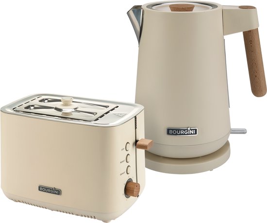 Bourgini Harmony Frühstücksset - Buchenholzelemente - Edelstahl-Wasserkocher mit Toaster