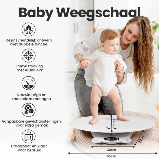 Babywaage - mit Wiegeplattform - Digitalwaage - mit Tara-Funktion und App - 50g bis 200KG - Weiß - von Faas