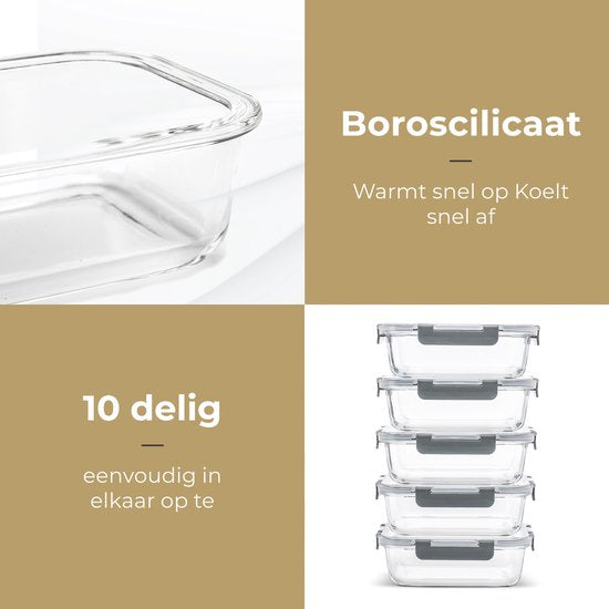 Stosh Meal Prep Trays - Frischhalteschalen - Gefrierschalen - Luftdicht - 5 Stück - 1L - BPA frei - Glas
