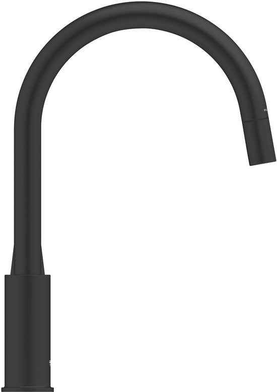 GROHE Start Edge Einhebel-Küchenarmatur mit ausziehbarem Auslauf – Hoher C-förmiger Auslauf – 360° Schwenkbereich – Mattschwarz – Einfache Montage mit QuickMount