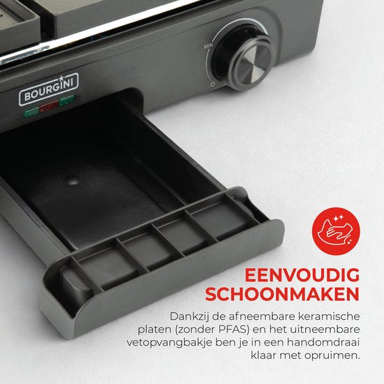 Bourgini Plancha Pure for 8 - Keramikbeschichtet (PFAS-frei) - Elektrisch - Gesundes Grillen - Backblech - Griddleplatte - Drehbare Grillplatte gerippt und flach