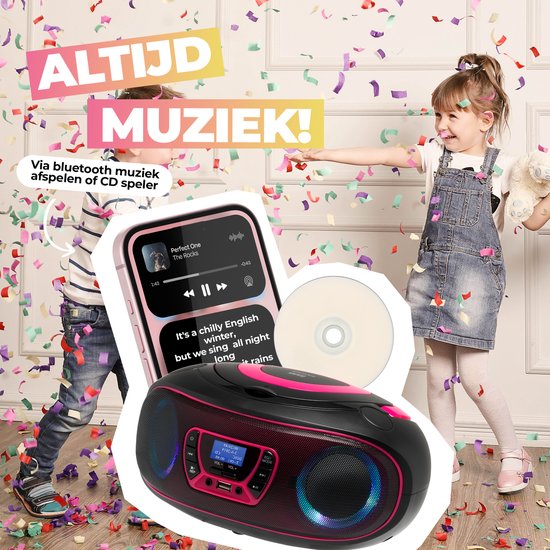 Denver Tragbares DAB-Radio CD-Player Kinder - Bluetooth - Lichteffekte - Boombox - AUX - FM - TDB212PINK