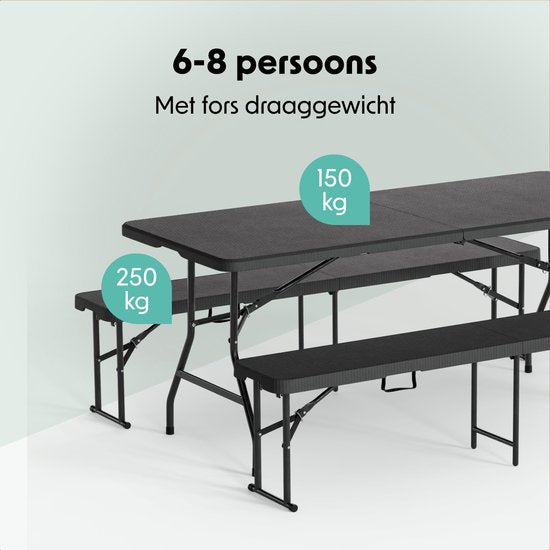LifeGoods Faltbares Picknick-Set - 180cm x 74cm - Gartentisch mit 2 Bänken - Wetterfest - Campingtisch - Biertisch faltbar - Für Innen und Außen - Für 6 bis 8 Personen - Rattan Schwarz