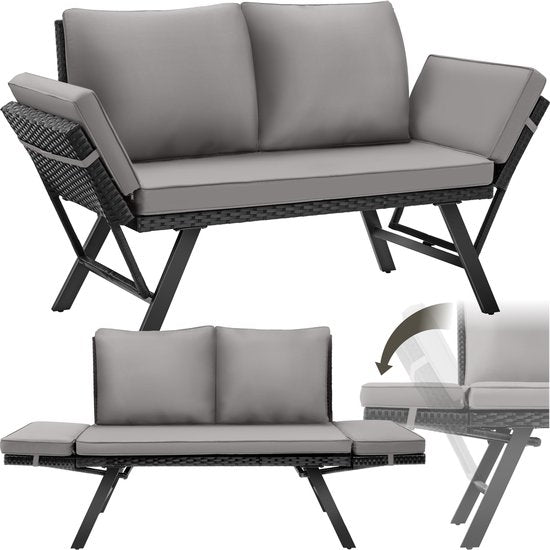 tectake® 2-in-1 Geflecht-Gartenbank Sintra - Verstellbare Handläufe - Gartenset - Liege - Balkon-Lounge-Bank - Inkl. Kissen - Outdoor-Lounge-Sofa - UV- und witterungsbeständige Sonnenliege - Hellgrau/Schwarz